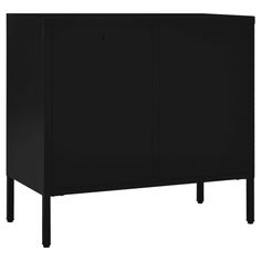 a black cabinet with two doors and legs