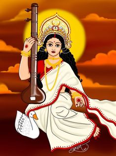 Saraswati Puja Painting, Saraswati Thakur Drawing, Maa Saraswati Art, Saraswati Puja Drawing, Saraswati Illustration, Maa Saraswati Painting, Saraswati Maa Drawing