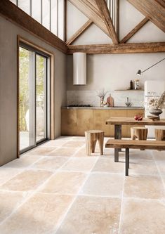 a kitchen with a table and benches in it