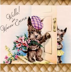 a card with two small dogs on the front door and one holding flowers in it's paws