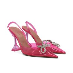 Amina Muaddi 'Rosie' pointed toe sling-back heels in clear pink PVC, a clear pink heel, and a rhinestone embellished bow at the toe. Includes box. Brand = Amina Muaddi Condition = 10/10, Brand new in box, tried on once Size = Women's 40.5 EU Heel Height = 105mm Material = PVC/Leather SKU = 23675-1 Pink Slingback Pumps With Wrapped Heel And Ankle Strap, High Heel Heels With Transparent Straps, High Heel With Transparent Straps, Elegant Pink Slingback Pumps With Wrapped Heel, Pink Slingback Pumps With Sculpted Heel, Pink Slingback Pumps With Wrapped Heel, Pink Slingback Pumps With Sculpted Heel And Ankle Strap, Pink Slingback Pumps With Sculpted Heel For Formal Occasions, Pink Slingback Pumps With Sculpted Heel For Formal Events