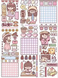 an assortment of stickers that include girls, food and other things in pink tones