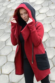 "Hooded Coat, Red Women Hoodie, Big Hood Hoodie Express Shipping to the USA, UPS Courier for free Delivery 3-5 Business Days Thanks for your love for the Hoodie/Tunic/Coat ♥ A short characteristic of this product... We present you a great asymmetrical sweater / jacket with a slightly longer front and a shorter length. The shirt has a unique shape and pattern, perfectly adhering to the silhouette. It has comfortable pockets that will fit all your trinkets, as well as a comfortable and large hood. Cotton Hoodie With Detachable Hood, Cotton Hoodie With Detachable Hood And Long Sleeves, Fall Cotton Parka With Hoodie, Red Long Sleeve Outerwear With Detachable Hood, Red Winter Sweatshirt With Kangaroo Pocket, Red Cotton Winter Hoodie, Red Hooded Jacket With Adjustable Hood For Fall, Red Hooded Outerwear With Fleece Lining, Red Hoodie For Winter Cold Weather