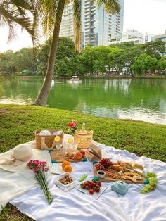 a picnic is set up on the bank of a river in front of some palm trees