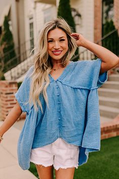 Brunch Voyage Babydoll Top in Ocean Blue Everyday Fits, Spring Lookbook, Trendy Top, Apron Dress, Babydoll Top, V Cut, V Cuts, Ocean Blue, Trendy Tops