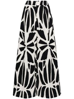 white/black stretch-cotton high-waisted all-over graphic print concealed front fastening wide leg White Wide Leg Pants With Graphic Print, Spring Abstract Print Wide Leg Bottoms, Summer Wide Leg Bottoms With Abstract Print, Wide Leg Bottoms With Abstract Print For Summer, Chic Graphic Print Bottoms For Spring, Chic Printed Cotton Pants, White Wide Leg Bottoms With Graphic Print, Spring Wide Leg Bottoms With Bold Print, Wide Leg Bottoms With Bold Print For Spring