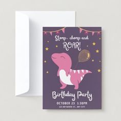 a birthday card with a pink dinosaur holding a balloon