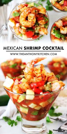 mexican shrimp cocktail in a glass bowl with garnishes and cilantro