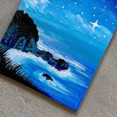 an acrylic painting of a night sky with stars over the ocean and rocks