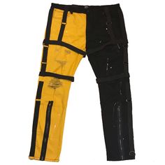 Men’s 2-Toned “Strapped Up” Jeans. Sizes 30, 32, 36, 38, And 40. These Jeans Have Straps Along Each Pants Leg. Black And Yellow With White Paint Splatter. New With Tags. Great Quality. Yellow Clothes Aesthetic Men, Black And Yellow Outfit Men, Md Cosplay, Black And Yellow Outfit, Punk Outfits Men, Two Tone Pants, Patched Pants, Grunge Outfits Men, Crazy Pants