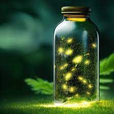 a glass jar filled with yellow lights sitting on top of green grass