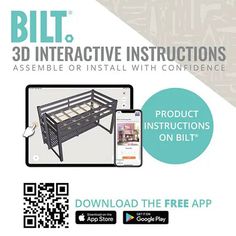 an advertisement for a bed frame that is made out of metal and has the text,'bltt 3d interactive instructions assemble