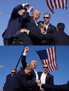 two pictures of men in suits and one with an american flag