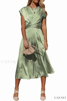 Lasaky - Chic Female's Unstructured Long Sleeve Wrap Dress Casual Flowy Dress, Flowy Dresses, Marine Uniform, Satin Cocktail Dress, Long Sleeve Wrap Dress, Blue Cocktail Dress, Cap Dress, Crewneck Dress, Midi Dress Summer