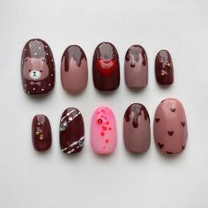 Valentine's Day Special Chocolate Bear Love Reusable Nail | Etsy Oval Shape Nails, Shape Nails, Bear Love, Bears Nails, Really Cute Nails, Nail Photos, Nails Only, Kawaii Nails, Oval Nails