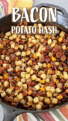 bacon potato hash browns in a cast iron skillet with the words bacon potato hash browns