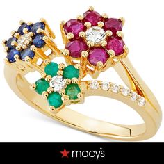 in stock Macy's Fine Jewelry 14k Gold Diamond Ring, Macy's Yellow Gold Fine Jewelry Rings, Macy's Fine Jewelry Yellow Gold Ring, Macy's Yellow Gold Diamond Ring, 14k Gold Multi-stone Diamond Ring In Fine Jewelry Style, Festive Multicolor Multi-stone Jewelry, Collectible 14k Gold Multi-stone Rings, 14k Gold Red Multi-stone Cluster Ring, 14k Gold Multi-stone Ruby Ring