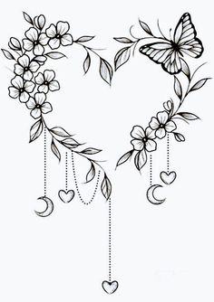 a heart with flowers and butterflies hanging from it's sides, in the shape of a