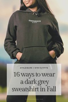 Discover 16 ways to wear a dark grey sweatshirt in the Fall and how to style for stylish athleisure with an autumn aesthetic on the blog. #sweatshirtoutfit #comfyoutfits #cutelazydayoutfits #comfyschooloutfits #cutesweatshirts Charcoal Sweatshirt Outfit, Style A Sweatshirt Outfit, Style A Sweatshirt, Crewneck Sweatshirt Outfit, Spring Athleisure, Smart Casual Office, Comfy School Outfits, Athleisure Winter, Dark Grey Hoodie