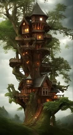 a tree house in the middle of a forest