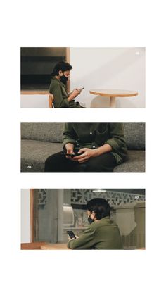 two images show a man sitting on a couch using his cell phone