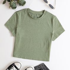 F00245680-503 Summer Cropped Top, Green Shirts, T Shirt Crop Top, Women Outerwear, Outer Wear, Short T Shirt, Summer Crop Tops, T Shirt For Women, Sleeves (women)