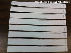 five sheets of paper sitting on top of a wooden table with the words teaching special thinking