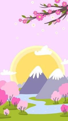 the sun is setting over some mountains and trees with pink flowers on each tree branch