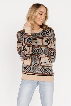 Baltic Born exclusive style Cozy up this fall! Tan with brown, blue, and black multi Cute print throughout Knit material throughout Long sleeves Pull on style Ribbed at neckline, sleeve cuffs, and hem 100% Acrylic Marianne is 5'6, cup size 34D, size 6 and wearing size S Trina is 5'6, cup size 32D, size 2 and is wearing size S Knitwear Inspiration, Baltic Born, Fashion Now, Pattern Sweater, Fall Sweaters, Cup Size, Knitting Materials, Blue And Black, Plus Clothing