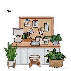 an illustration of a desk with plants and pictures on the wall next to it, including a potted houseplant