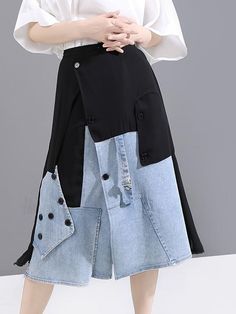 Sku CY-!60092 Material Polyester , >50%Cotton Style Loose , A-line , Empire , Original , Irregularity Feature Elasticity , Split-joint Occasion Going out , Vacation , Urban , Original Creation Seasons Spring , Summer , Autumn Type Skirts Color BLACK Size FREE SIZE Model's weight:49kg Model's height:168cm（66.14inches) Please consult the size chart we provide for this item's measurements to help you decide which size to buy.Please note: There may be 1-3cm differ due to manual measurement. INCH Waist Hips Skirt Length FREE SIZE 23.62-33.07 39.37 26.77 Casual Patchwork Knee-length Bottoms, Casual Knee-length Patchwork Bottoms, Trendy Black Skirt With Patchwork, Spring Patchwork Knee-length Skirt, Casual Asymmetrical Skirt With Patchwork, Black Asymmetrical Skirt With Pockets, Spring Asymmetrical Denim Skirt With Pockets, Spring High Waist Black Denim Skirt, Black Denim Skirt With Button Closure