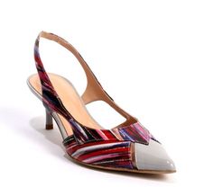 Multicolor Slingback Heels For Formal Occasions, Multicolor Slingback Heels For Party, Multicolor Slingback Heels For Evening, Multicolor Pointed Toe Heels With Heel Strap, 4-inch Slingback Patent Leather Heels, Multicolor Leather Slip-on Heels, Red Patent Leather Slingback Pumps With 4-inch Heel, Pointy Pumps, Grey Heels