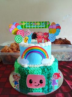 there is a birthday cake that looks like it has an animal theme on the top