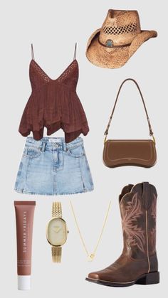 Rodeo Inspo Outfits, Styx Concert Outfit, Jean Skirt Outfits Country, Calgary Stampede Outfits For Women, Country Festival Outfit Summer Cowgirl, Stampede Outfit Calgary Women, Zach Bryan Concert Outfit Summer, Country Concert Outfit Brown Boots, Treaty Oak Revival Concert Outfits