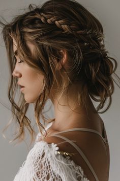 100+ Boho Wedding Hairstyles for a Chilled Vibe | Matched Hearts Boho Wedding Hair Mid Length, Fun Bridesmaid Hair, Boho Hair Updo Wedding, Wedding Messy Bun Hairstyles, Wedding Hairstyles Boho Braid, Boho Messy Wedding Hair, Boho Wedding Hairstyles With Flowers, Boho Bride Hair Flowers, Braided Boho Wedding Hair