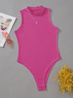 Hot Pink Casual Collar Sleeveless Fabric Plain Tank Embellished Slight Stretch Summer Women Clothing Fake Hair Braids, Comfy Jumpsuits, Ribbed Knit Bodysuit, Knit Bodysuit, Sleeveless Bodysuit, Knit Sleeve, Womens Bodysuit, Body Suit, Bra Women