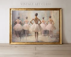 an oil painting of four ballerinas in pink tutu skirts, with the caption vintage art curio