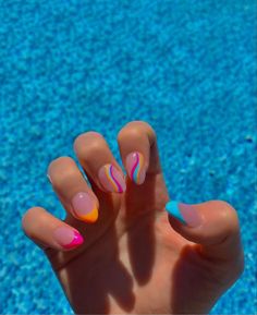 Colorful French Tip Nails Summer, French Tip Summer Nails Almond, Preppy Almond Nails Designs, Pink And Organs Nails, Cute Nails Summer Almond, Cute Pink And Yellow Nails, Preppy Nail Designs Summer, Vibrant Summer Nails French Tip, Cute Nails For Mexico