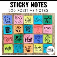 sticky notes with the words sticky notes written in different colors and sizes on them