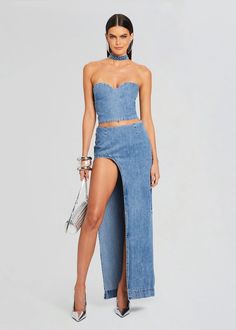 denim outfit, denim skirt, denim look, denim maxi skirt, denim on denim, festival outfit, festival outfit inspo, coachella outfit, coachella outfit inspo, festival outfit ideas, coachella outfit ideas, spring outfits, 2024 spring fashion, spring summer fashion, night out fashion, summer party outfit, spring party outfit, spring break outfit, birthday outfit, 21st birthday outfit, clubbing outfit, club outfit, matching set, denim matching set, jean skirt, maxi jean skirt, festival skirt, jean set Chic Stretch High Rise Skirt, Trendy Skirt With Split Hem For Spring, Trendy Split Hem Summer Skirt, Trendy Summer Skirt With Split Hem, Stretch Denim Skirt For Night Out In Spring, Fitted Mid-rise Denim Blue Skirt, Fitted Denim Blue Skirt For Night Out, Chic Stretch Mid-rise Denim Skirt, Fitted Denim Skirt For Night Out In Spring