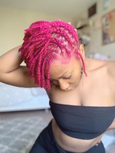 Dreadlock Hairstyles Short Locs, Pink Sisterlocks, Pink Dyed Locs, Pink Microlocs, Pink Dreads Black Women, Loc Styles On Short Locs, Short Loc Styles For Women Locks, Colored Dreads Black Women, Styles For Locs For Women