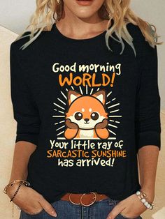 Fox shirt, Sarcastic shirt, Sunshine print shirt, Casual long sleeve shirt, Women's black shirt, Loose fit shirt, Long sleeve shirt, Jersey material shirt, Daily wear shirt, Regular thickness shirt, H-line silhouette shirt, No elasticity shirt, Regular size shirt, Comfortable casual top, Trendy long sleeve shirt, Graphic print shirt, Black jersey shirt, Everyday wear shirt, Relaxed fit shirt, Casual chic shirt, Fun graphic tee, Black casual top, Comfy long sleeve shirt, H-line long sleeve shirt, Casual graphic shirt, Lightweight long sleeve shirt Women's Black Shirt, Comfy Long Sleeve Shirts, Sunshine Print, Fox Shirt, Silhouette Shirt, Black Shirts Women, Chic Shirts