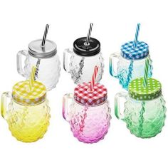 Colorful Pineapple-Shaped Mason Jar Mug Glasses with Straws & Lids, Set of 6 - MyGift Mason Jar With Straw, Mason Jar Mugs, Reusable Straws, Mason Jar Lids, Serving Drinks, Take Apart, Garden Parties, Outdoor Party, Reusable Straw