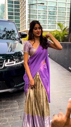 Jhanvi Kapoor Jhanvi Kapoor Half Saree, Janhvi Kapoor Half Saree, Jhanvi Kapoor Traditional Outfits, Jahnavi Kapoor Outfits, Half Saree With Saree, Janvi Kapoor Fashion Styles, Lavender Half Saree, Half Saree Aesthetic, Jhanvi Kapoor Outfits