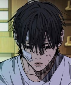 an anime character with black hair wearing a white shirt