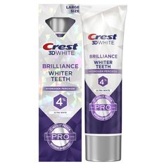 Crest 3D White Brilliance Pro Ultra White Teeth Whitening Toothpaste contains clinically proven whitening ingredients for whiter teeth that is enamel safe. Experience whiter teeth with Active Whitening Protection. Bring your brightest smile forward with Crest 3D White Brilliance Pro's 3X whitening ingredient system. This formula contains 4% hydrogen peroxide, our highest level in toothpaste, to remove stains and give you whiter teeth. From America's #1 Whitening Brand.* *P&G calculation based on Whiter Teeth, White Toothpaste, Crest 3d White Brilliance, Crest 3d White Mouthwash, Crest 3d White Toothpaste, 5d Gel Teeth Whitening Strips, Crest Toothpaste, Crest 3d White, Teeth Whitening Toothpaste