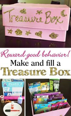 there is a pink box with gold glitter on it and the words reward good behavior make and fill a treasure box