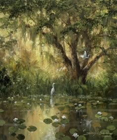 an oil painting of a bird in the water near a tree and lily padding