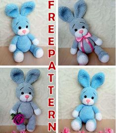 four pictures of stuffed animals with flowers in front of them and the words free crochet pattern below