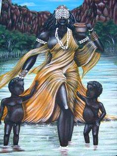 a painting of a woman and two children standing in the water with rocks behind her